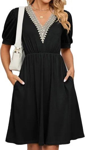 Womens Summer Short Sleeve Dresses Beach Loose Casual Aline Dress V Neck Empire Waist Sundress