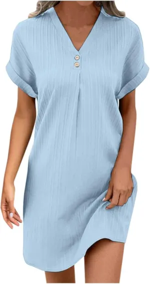 Women's Summer Sundress Short Sleeve V Neck Pullover Midi Dresses Button Down Shirts Skirts Travel Vacation Outfits