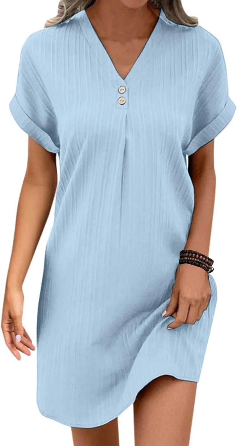 Women's Summer Sundress Short Sleeve V Neck Pullover Midi Dresses Button Down Shirts Skirts Travel Vacation Outfits
