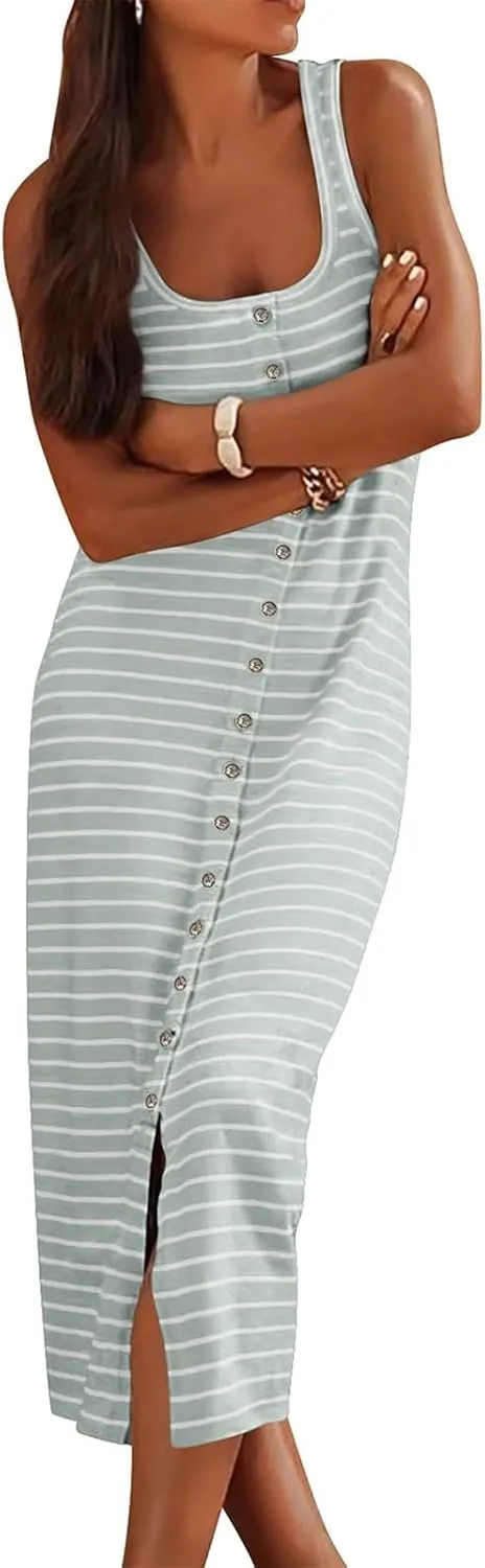 Womens Summer Tank Dress Casual Sleeveless Striped Dresses Square Neck Bodycon Maxi Dress Beach Vacation Sundress