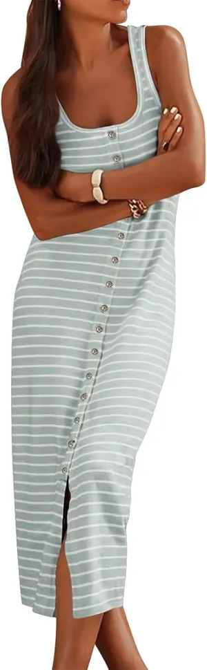 Womens Summer Tank Dress Casual Sleeveless Striped Dresses Square Neck Bodycon Maxi Dress Beach Vacation Sundress