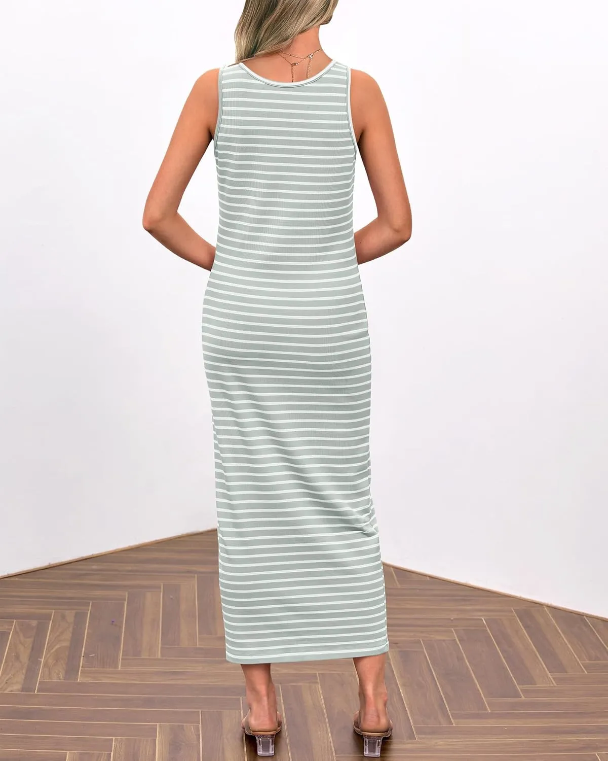 Womens Summer Tank Dress Casual Sleeveless Striped Dresses Square Neck Bodycon Maxi Dress Beach Vacation Sundress