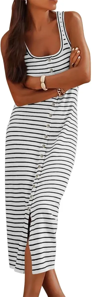 Womens Summer Tank Dress Casual Sleeveless Striped Dresses Square Neck Bodycon Maxi Dress Beach Vacation Sundress
