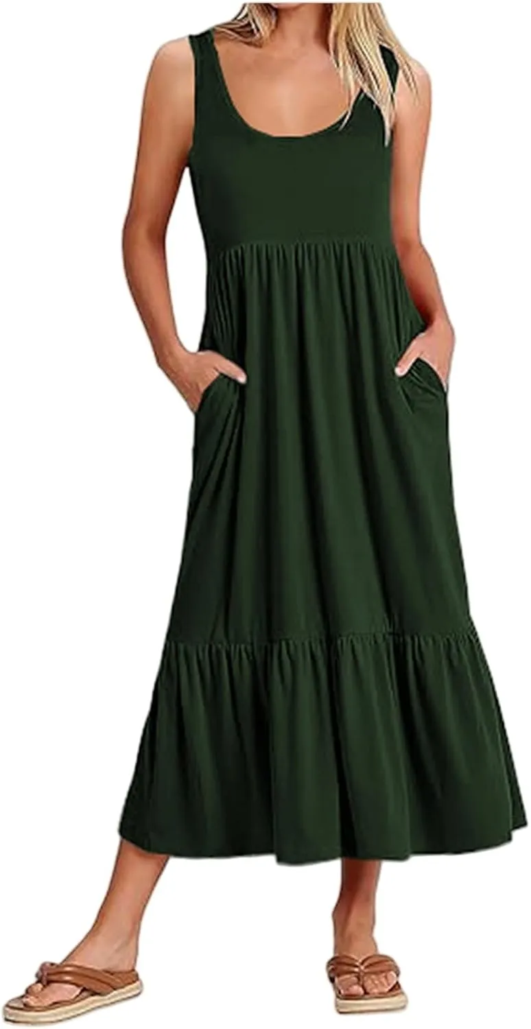Women's Summer Vest Dress U Neck Sleeveless Maxi Skirt Dresses Tiered A Line Ruffle High Waisted Flowy Beach Dress