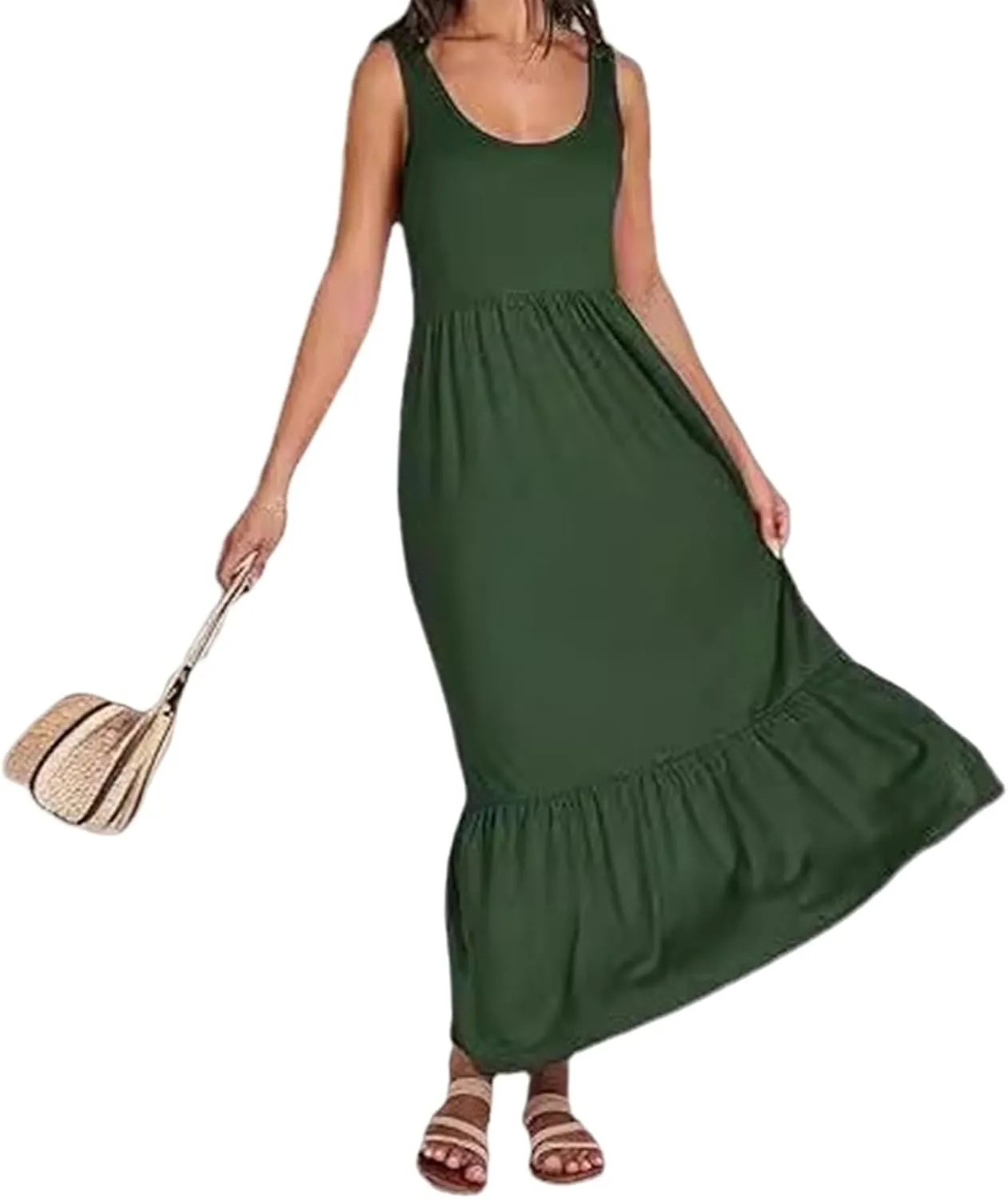 Women's Summer Vest Dress U Neck Sleeveless Maxi Skirt Dresses Tiered A Line Ruffle High Waisted Flowy Beach Dress