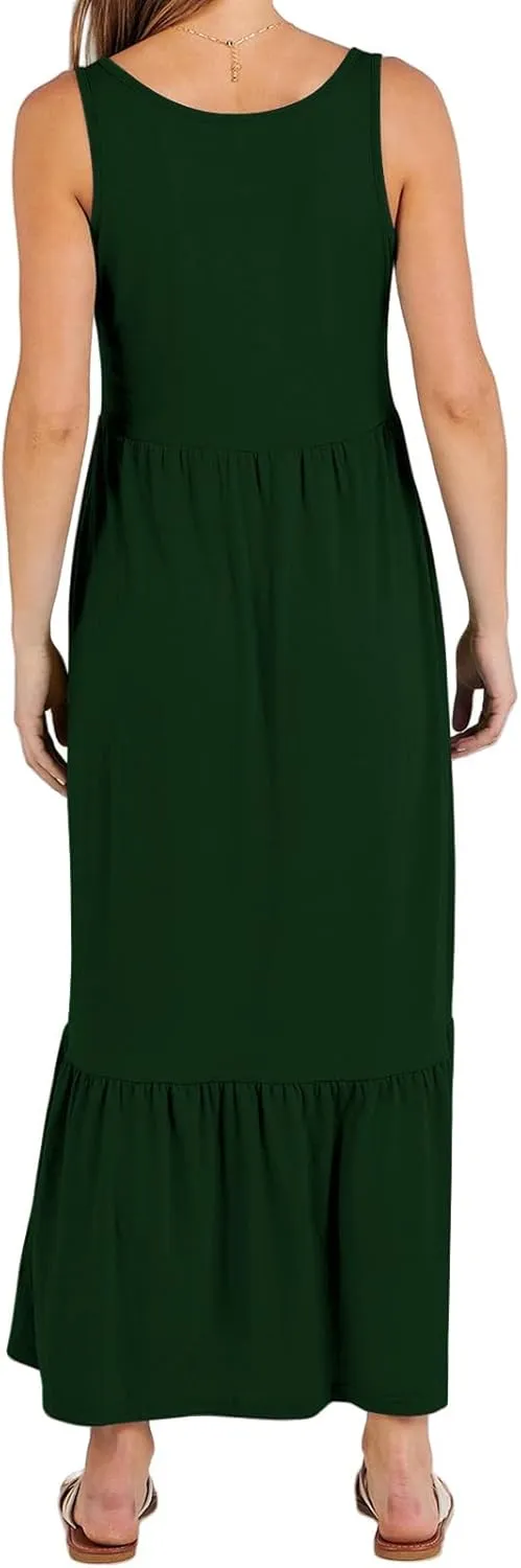 Women's Summer Vest Dress U Neck Sleeveless Maxi Skirt Dresses Tiered A Line Ruffle High Waisted Flowy Beach Dress
