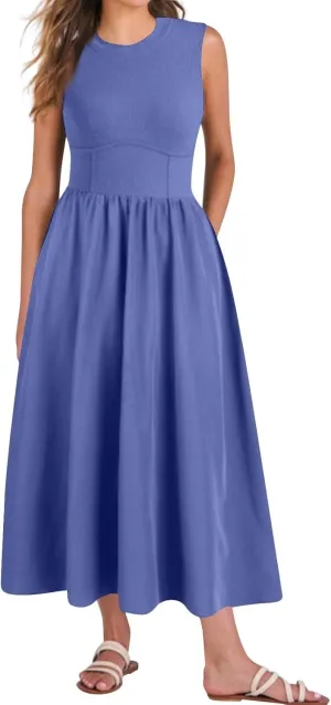 Womens Sundress Tank Summer Midi Dresses Empire Waist Wrap Dress Plus Size Sleeveless Cute Smocked Dress with Pockets