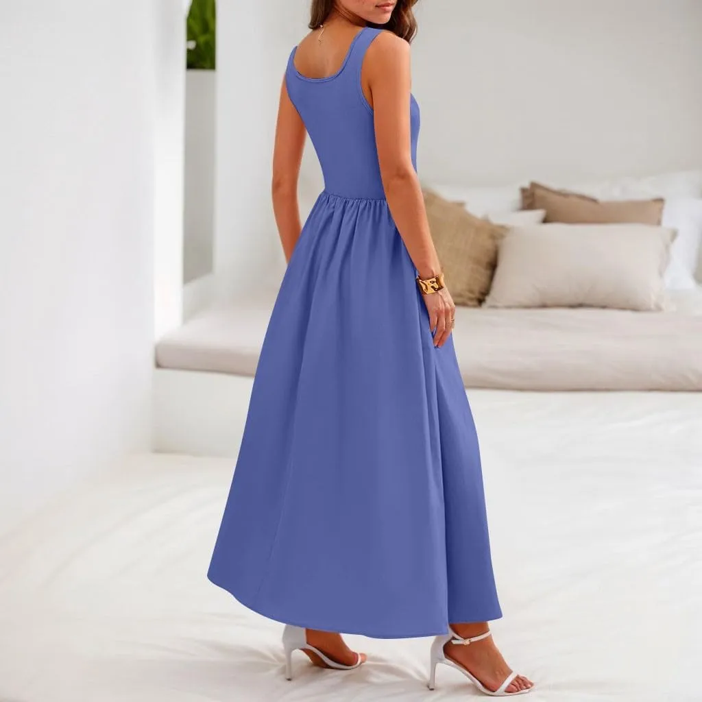 Womens Sundress Tank Summer Midi Dresses Empire Waist Wrap Dress Plus Size Sleeveless Cute Smocked Dress with Pockets