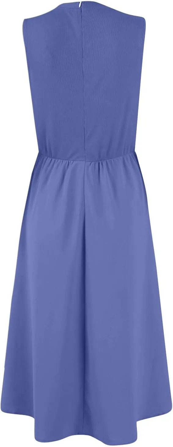 Womens Sundress Tank Summer Midi Dresses Empire Waist Wrap Dress Plus Size Sleeveless Cute Smocked Dress with Pockets