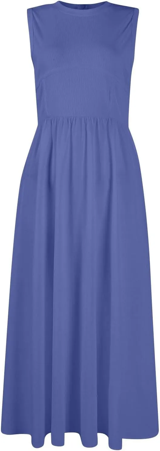 Womens Sundress Tank Summer Midi Dresses Empire Waist Wrap Dress Plus Size Sleeveless Cute Smocked Dress with Pockets