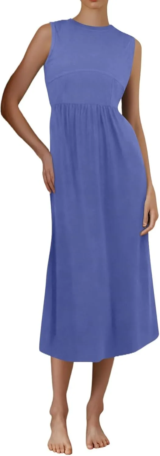 Womens Sundress Tank Summer Midi Dresses Empire Waist Wrap Dress Plus Size Sleeveless Cute Smocked Dress with Pockets