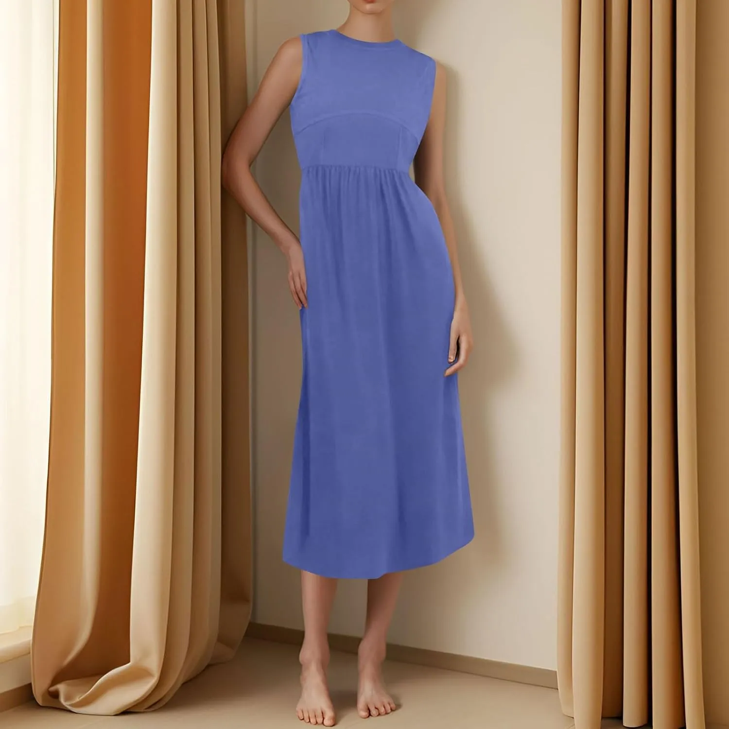 Womens Sundress Tank Summer Midi Dresses Empire Waist Wrap Dress Plus Size Sleeveless Cute Smocked Dress with Pockets