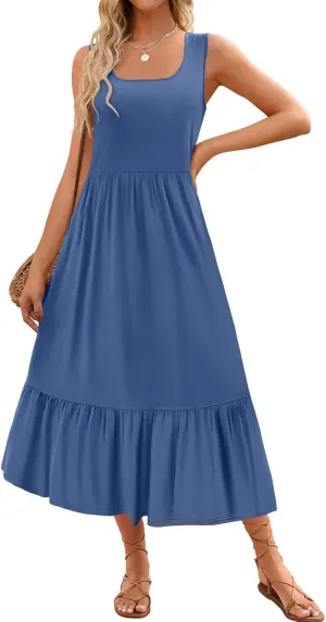 Women's Tank Dress Sleeveless Square Neck Tunic Dress Ruffle Tiered Maxi Dresses Summer Beach Vacation Sundress 2025