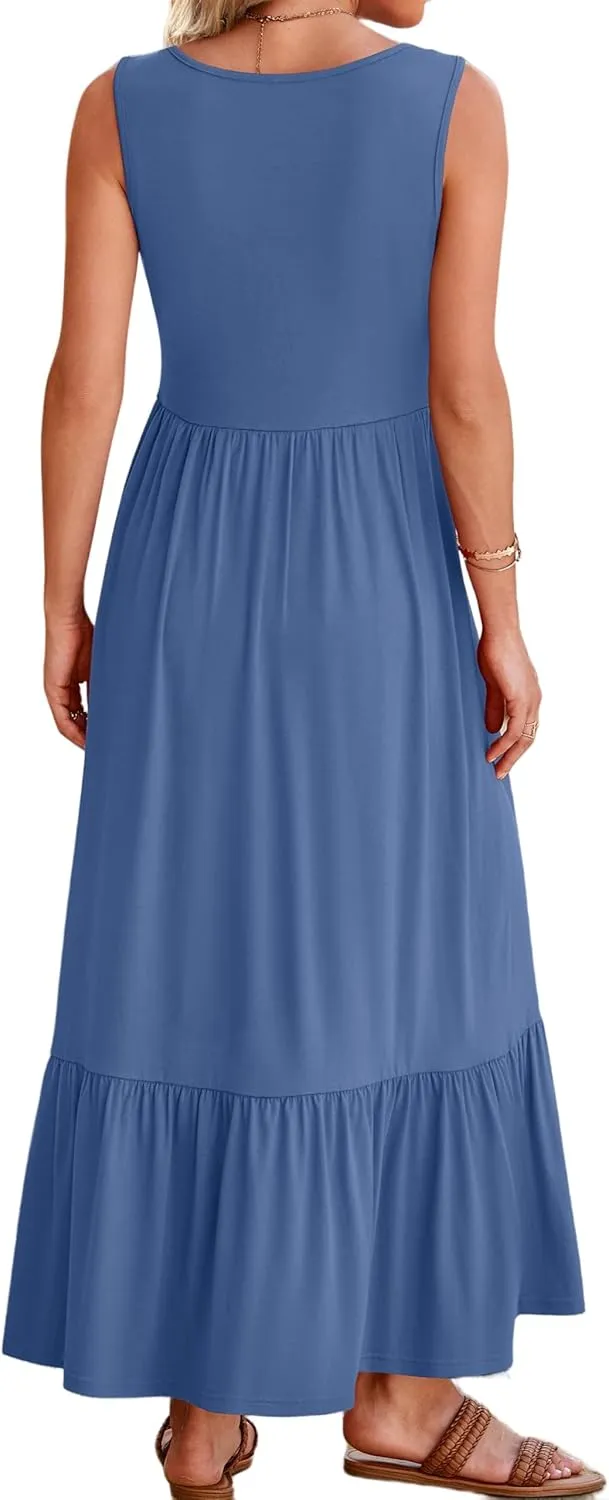 Women's Tank Dress Sleeveless Square Neck Tunic Dress Ruffle Tiered Maxi Dresses Summer Beach Vacation Sundress 2025