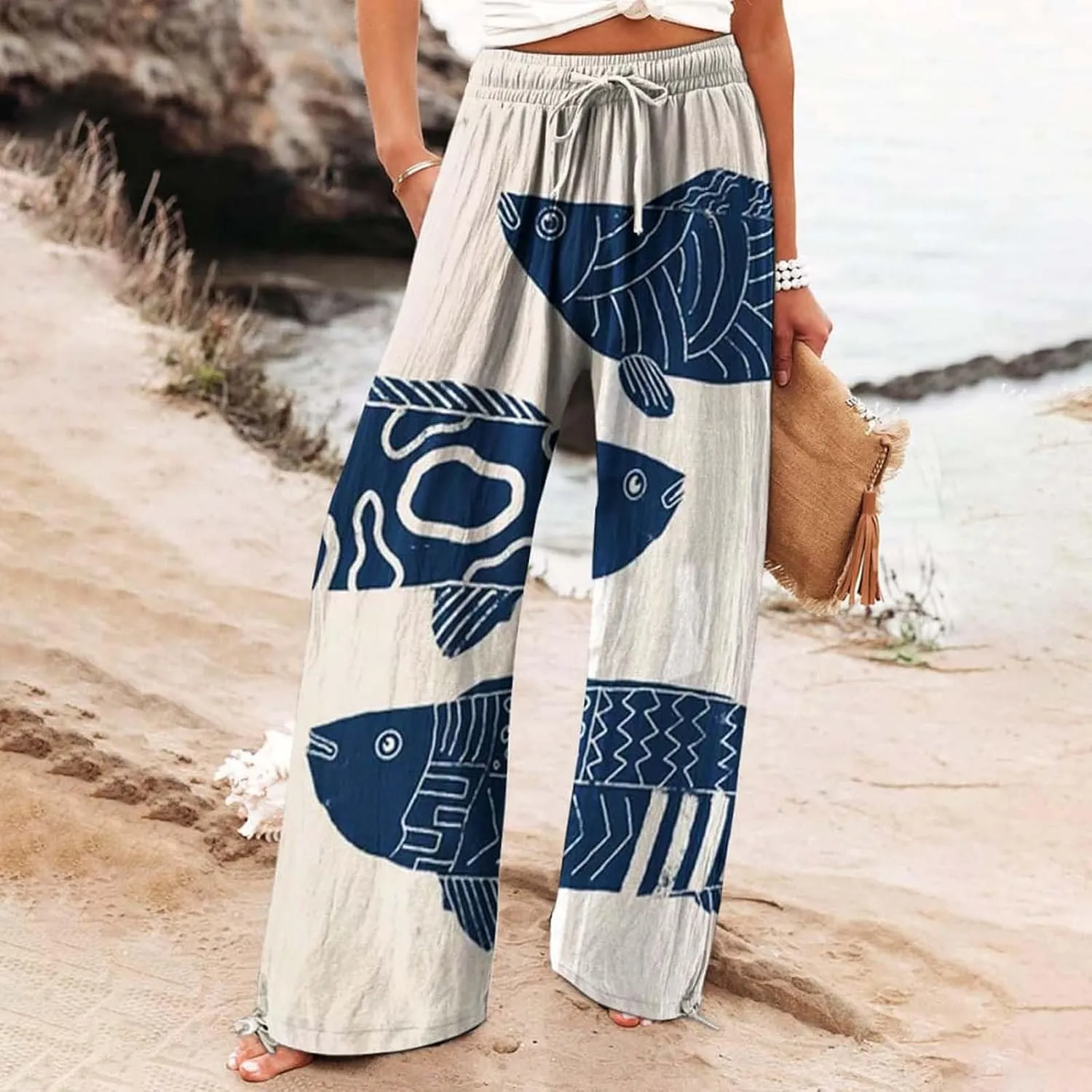 Womens Trendy Cropped Art Print Pants 2025 Japanese Vintage Plus Size Elastic Waist Casual Beach Trousers with Pocket