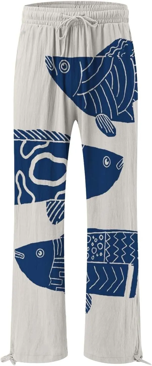Womens Trendy Cropped Art Print Pants 2025 Japanese Vintage Plus Size Elastic Waist Casual Beach Trousers with Pocket
