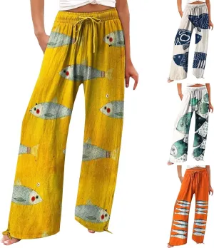 Womens Trendy Cropped Art Print Pants 2025 Japanese Vintage Plus Size Elastic Waist Casual Beach Trousers with Pocket