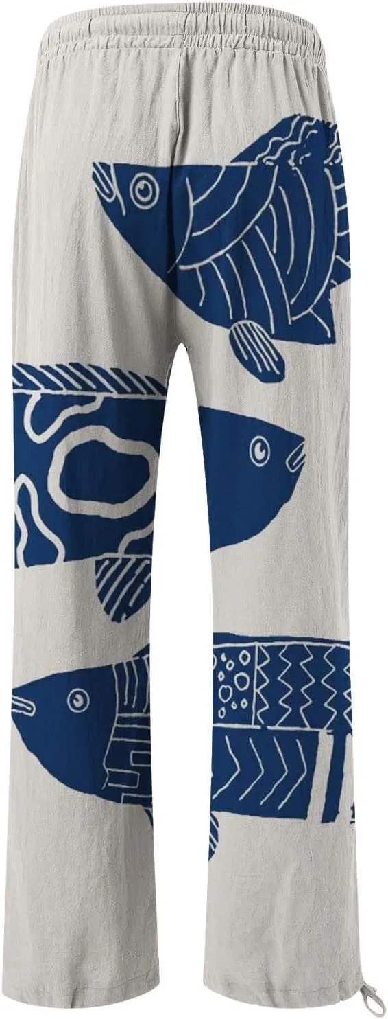Womens Trendy Cropped Art Print Pants 2025 Japanese Vintage Plus Size Elastic Waist Casual Beach Trousers with Pocket