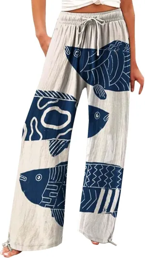 Womens Trendy Cropped Art Print Pants 2025 Japanese Vintage Plus Size Elastic Waist Casual Beach Trousers with Pocket