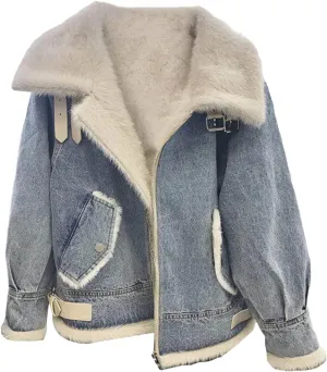 Women's Vintage Washed Denim Jacket For Women Classic Warm Trucker Denim Coat Casual Fleece Jean Jacket