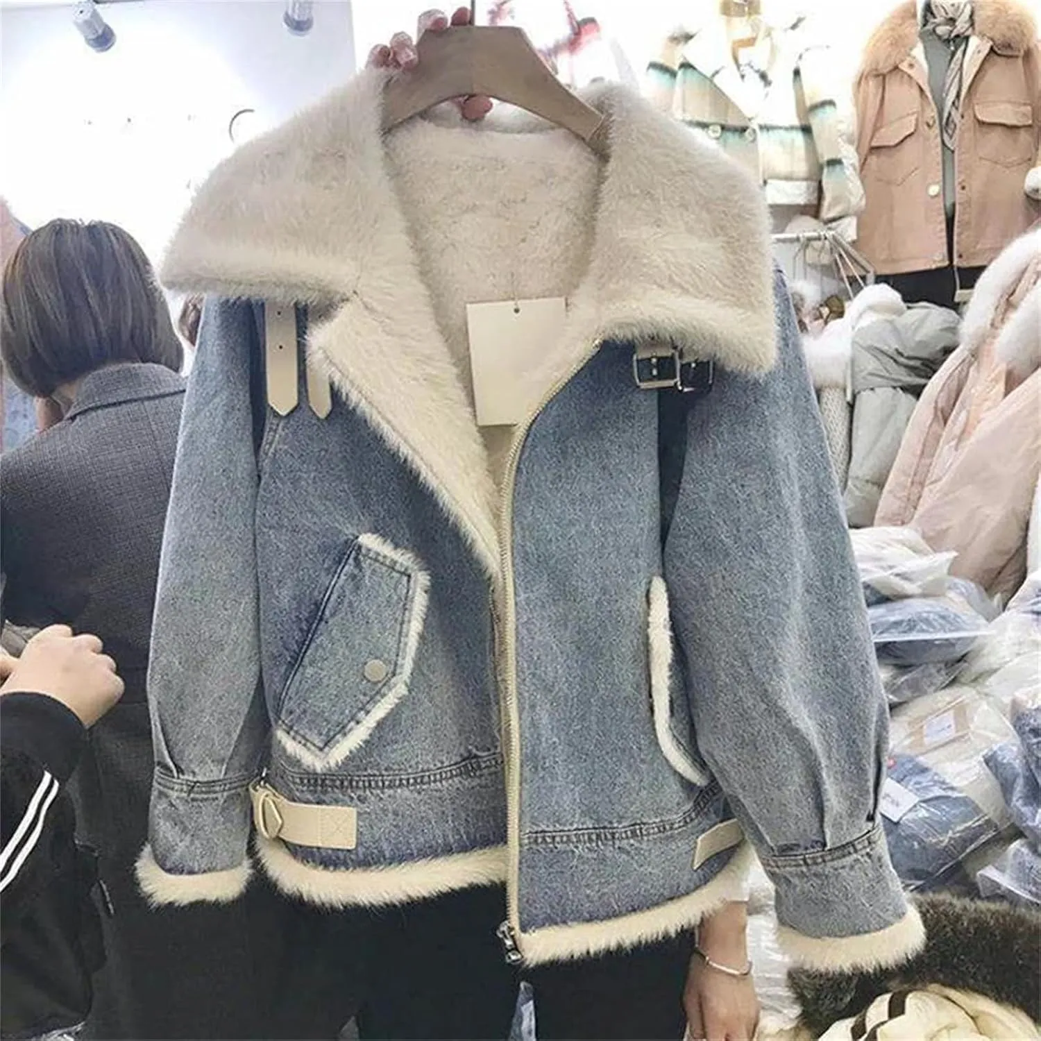 Women's Vintage Washed Denim Jacket For Women Classic Warm Trucker Denim Coat Casual Fleece Jean Jacket