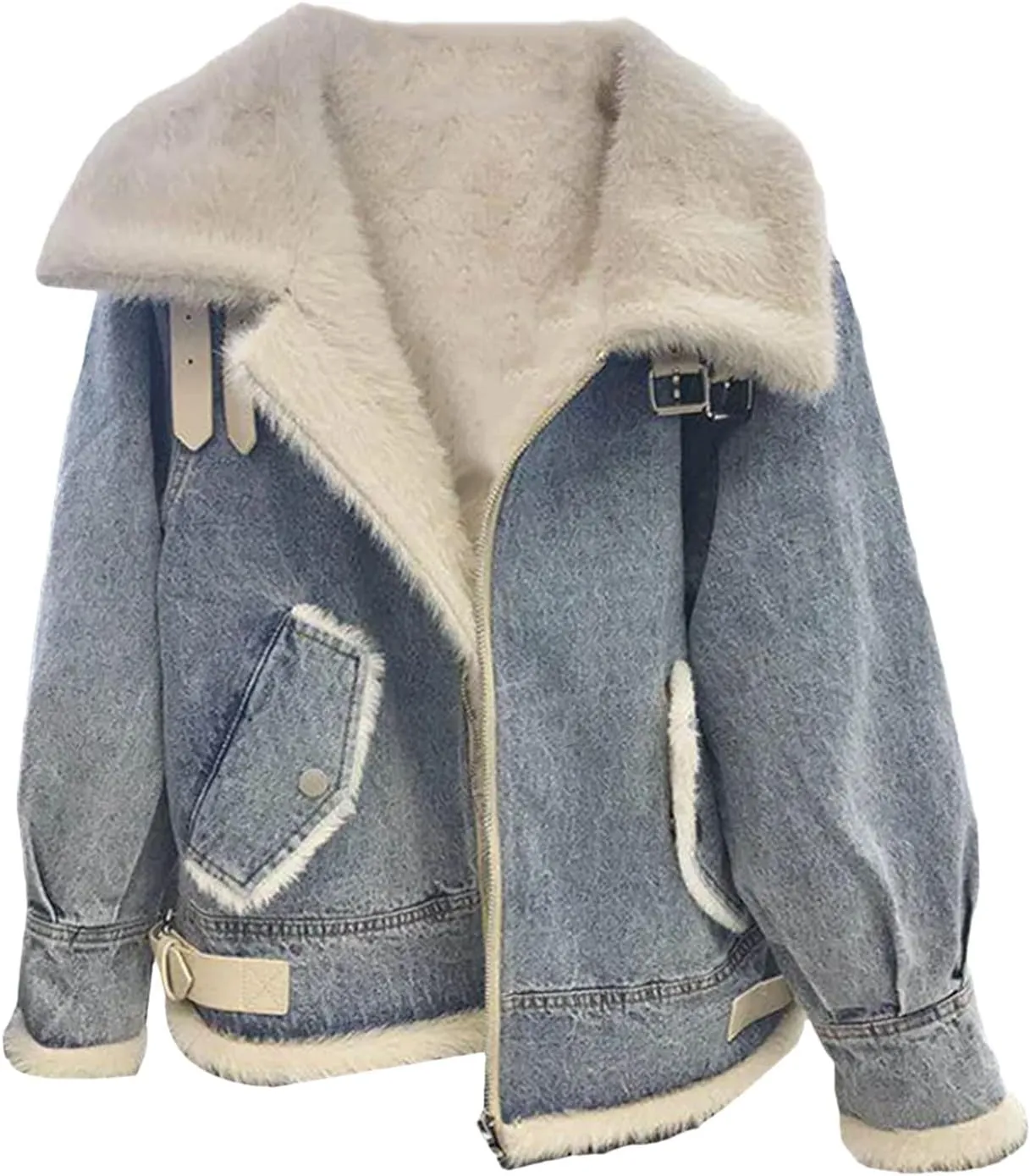 Women's Vintage Washed Denim Jacket For Women Classic Warm Trucker Denim Coat Casual Fleece Jean Jacket