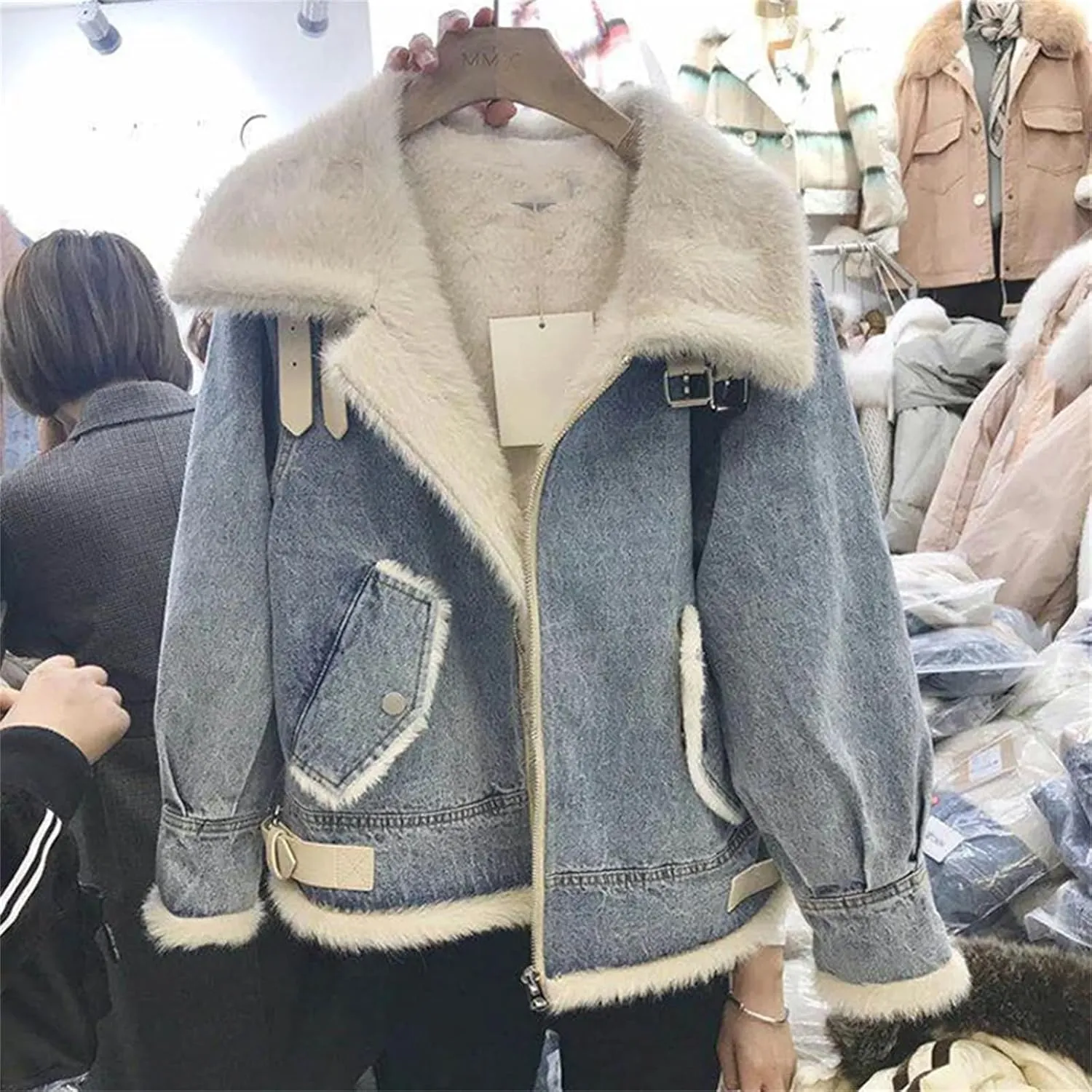 Women's Vintage Washed Denim Jacket For Women Classic Warm Trucker Denim Coat Casual Fleece Jean Jacket