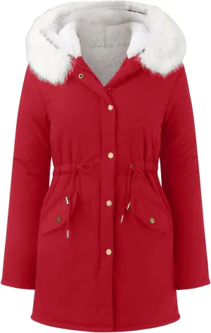 Women's Warm Winter Puffer Coat Thicken Fleece Lined Down Jacket Faux Fur Hooded Snow Parka Overcoats with Pockets