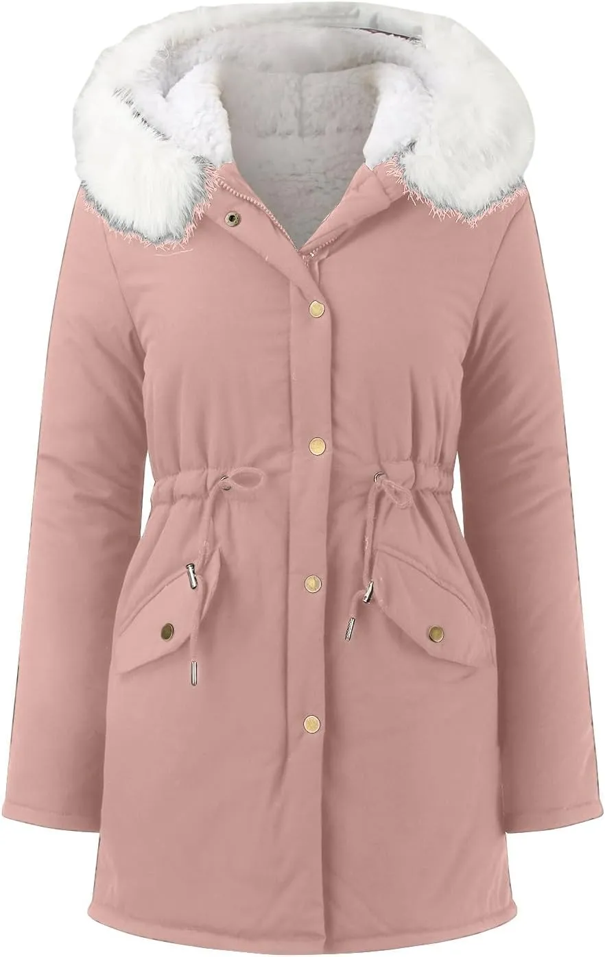 Women's Warm Winter Puffer Coat Thicken Fleece Lined Down Jacket Faux Fur Hooded Snow Parka Overcoats with Pockets