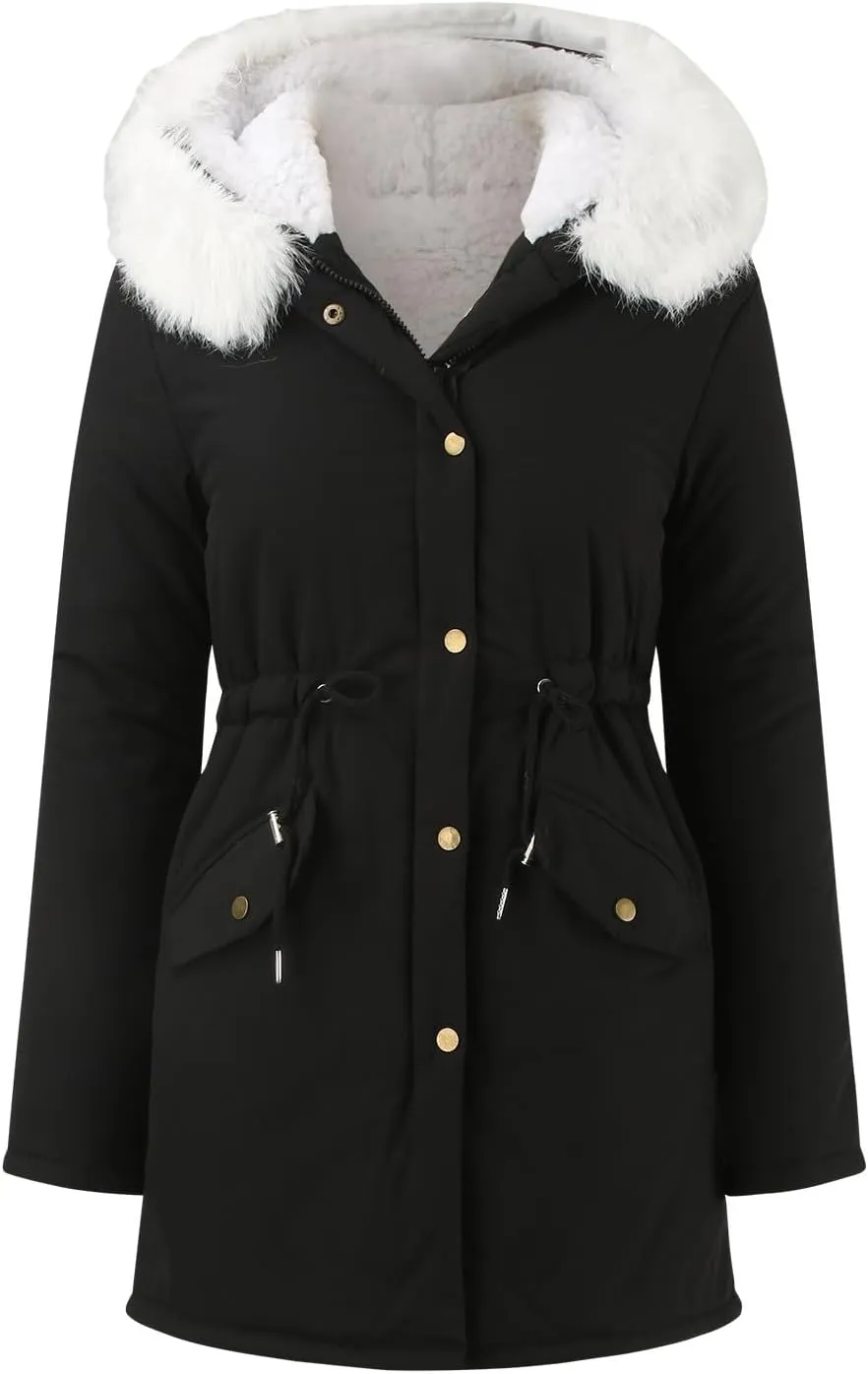 Women's Warm Winter Puffer Coat Thicken Fleece Lined Down Jacket Faux Fur Hooded Snow Parka Overcoats with Pockets