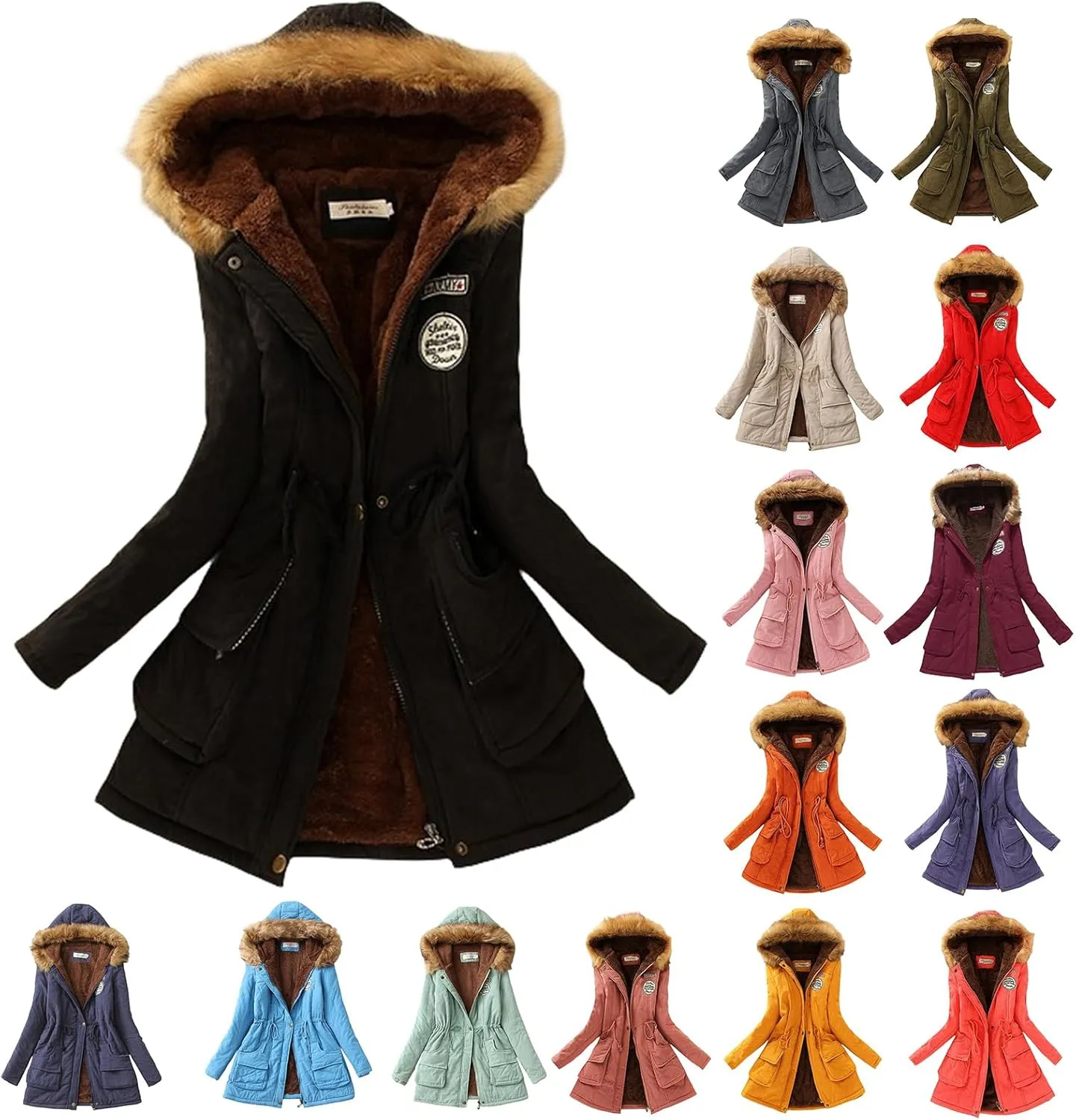 Women's Winter Coat Casual Fleece Parka Zip Up Hooded Jacket Lamb Wool Coat Mid Length Sherpa Outwear with Pocket