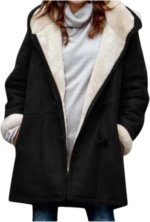 Womens Winter Coats with Hood Warm Sherpa Fleece Lined Jackets Button Faux Suede Pea Coat Outerwear