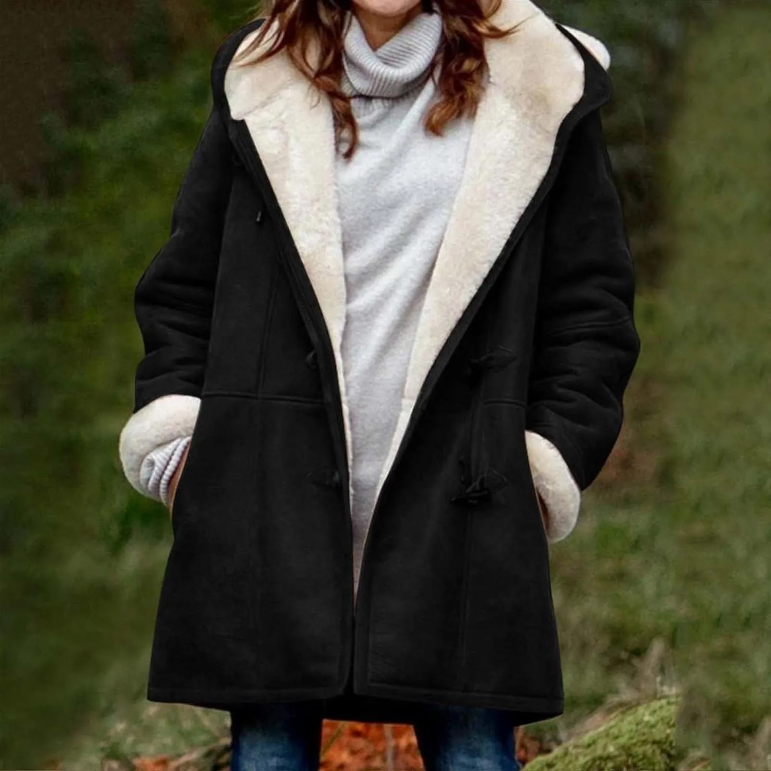 Womens Winter Coats with Hood Warm Sherpa Fleece Lined Jackets Button Faux Suede Pea Coat Outerwear