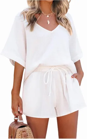 Workout Sets for Women Plus Size Outfits Cotton Linen V Neck Short Sleeve Tops Loose Fit Shorts Set Summer Outfits