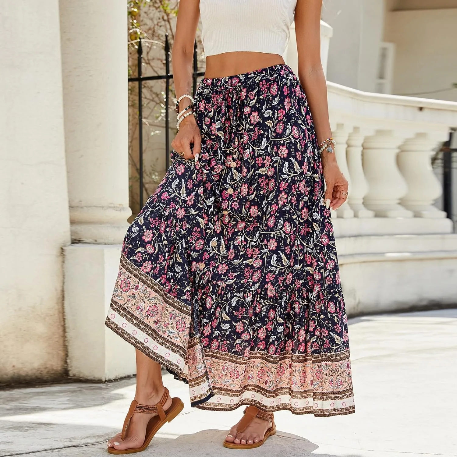 Wrap Skirt, Flowy Maxi Skirts for Women 2025 Trendy Drawstring Tiered Long Boho Skirt Spring Summer Sexy