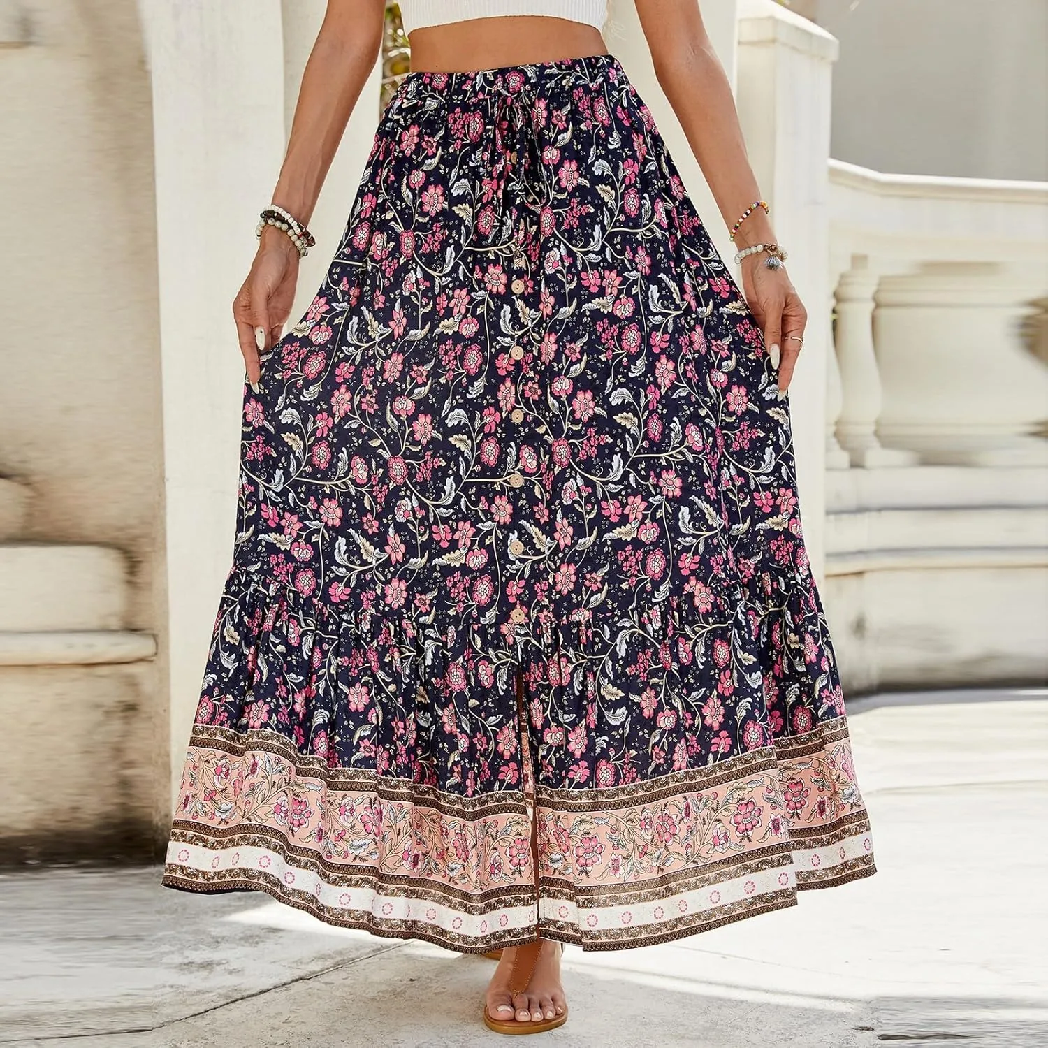 Wrap Skirt, Flowy Maxi Skirts for Women 2025 Trendy Drawstring Tiered Long Boho Skirt Spring Summer Sexy