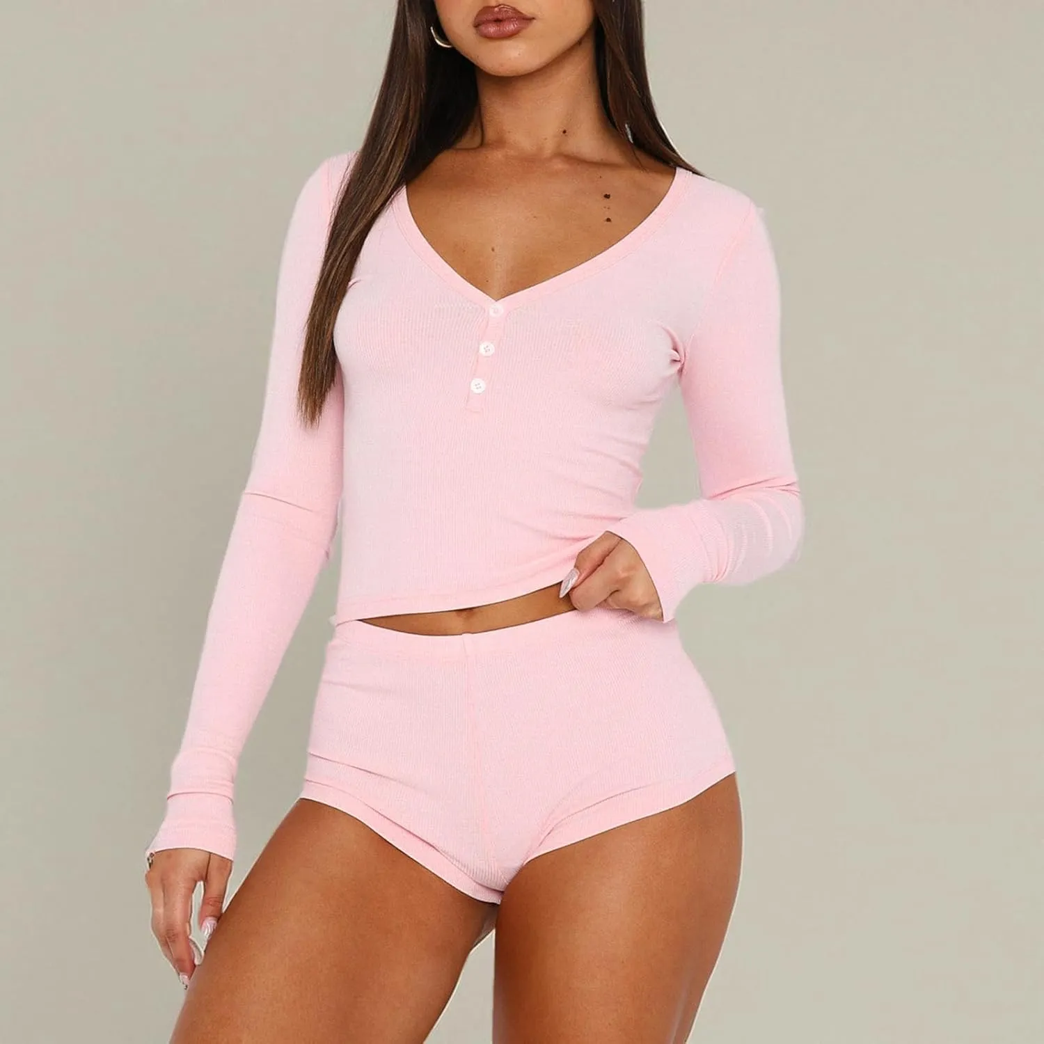 XBTCLXEBCO Ribbed Knit Pajama Set for Women 2 Piece V Neck Button Down Long Sleeve Crop T-Shirt Top and Shorts Lounge Pj Set
