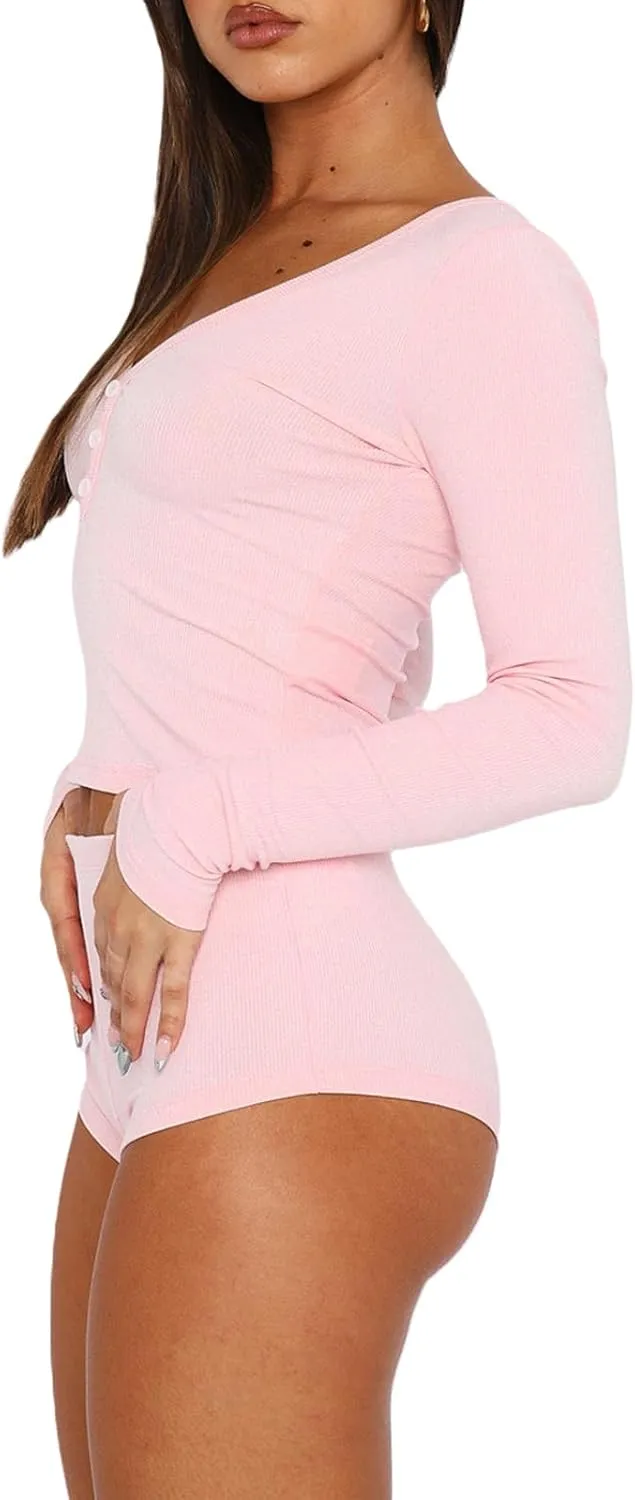XBTCLXEBCO Ribbed Knit Pajama Set for Women 2 Piece V Neck Button Down Long Sleeve Crop T-Shirt Top and Shorts Lounge Pj Set