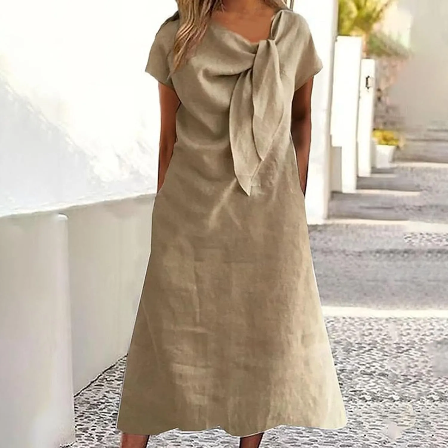 XOWRTE Women's 2025 Spring Summer Casual Maxi Dress Beach Vacation Short Sleeve Tie Crewneck Basic Long T Shirt Dresses