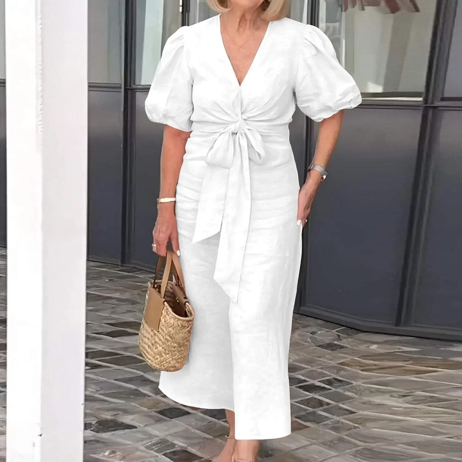 XOWRTE Womens Elegant V Neck Cocktail Ruffle Puff Sleeve Wrap Ruched Party Midi Dress Bodycon Work Business Sheath Dress