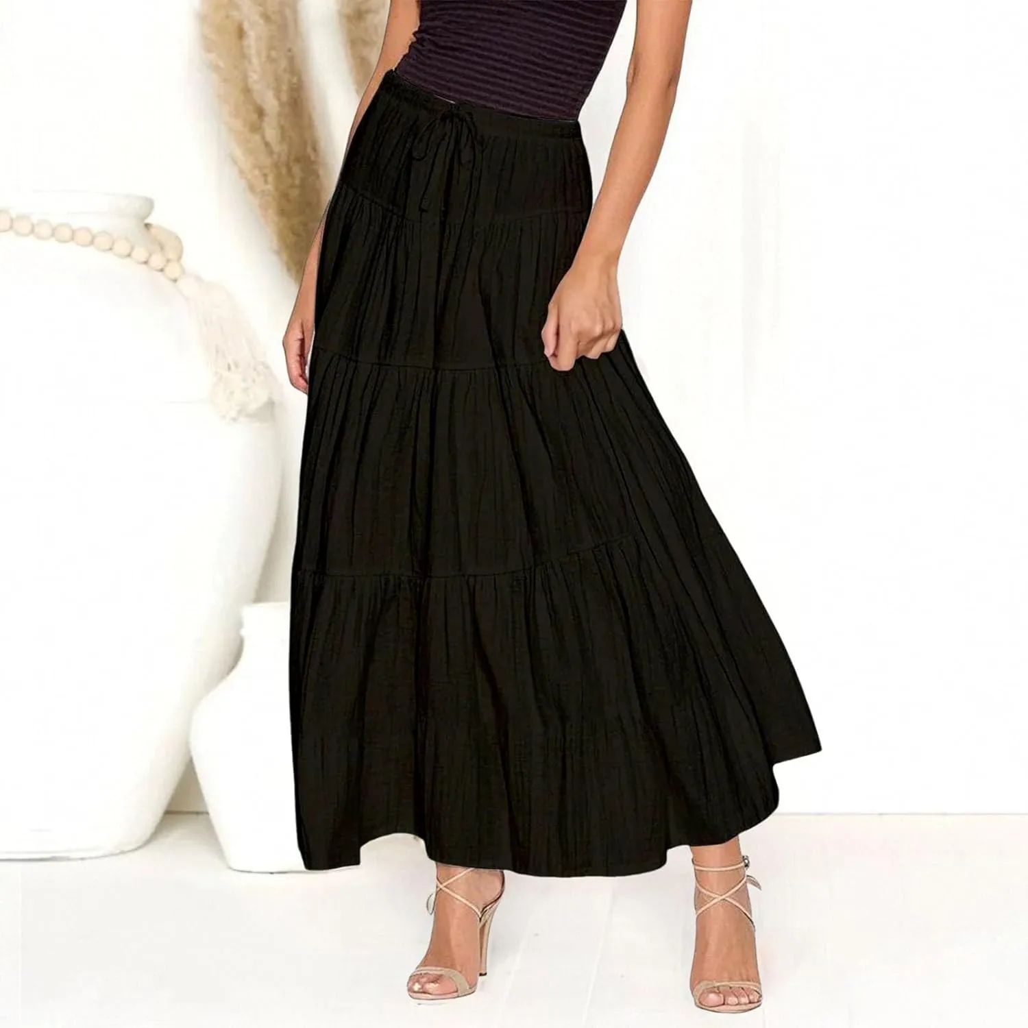 XOWRTE Women's Flowy Flared Ruffle Boho Long Skirt Summer Maxi Skirt A-Line Fashion Trendy Elastic Waist Pleated Beach Dress