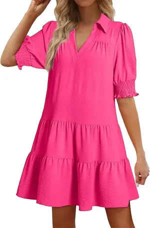 XOWRTE Womens Lapel V Neck Cute Shift Tierd Dress with Pockets Bell Sleeve Ruffle Hem Loose Swing Summer Tunic Mini Dress