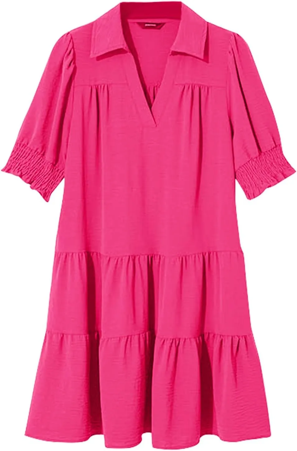 XOWRTE Womens Lapel V Neck Cute Shift Tierd Dress with Pockets Bell Sleeve Ruffle Hem Loose Swing Summer Tunic Mini Dress