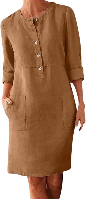 XOWRTE Work Dresses for Women 2025 Spring Business Formal Long Sleeve Dress Cotton Linen Button Down Elegant Office Outfits