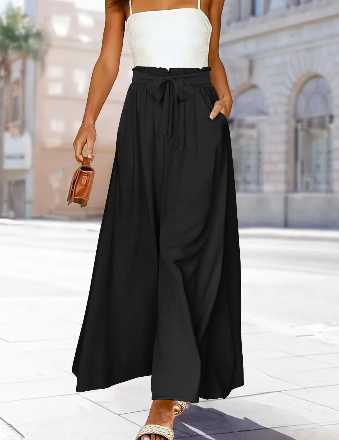 YESNO Women Wide Leg Pants High Waisted Floral Boho Palazzo Culottes Casual Flowy Tie Knot Trousers with Pockets PPS