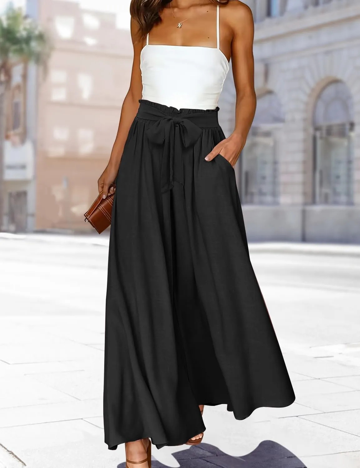 YESNO Women Wide Leg Pants High Waisted Floral Boho Palazzo Culottes Casual Flowy Tie Knot Trousers with Pockets PPS