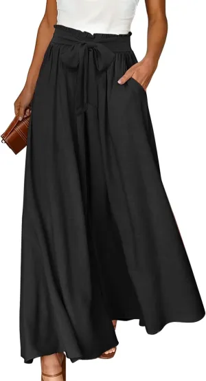 YESNO Women Wide Leg Pants High Waisted Floral Boho Palazzo Culottes Casual Flowy Tie Knot Trousers with Pockets PPS