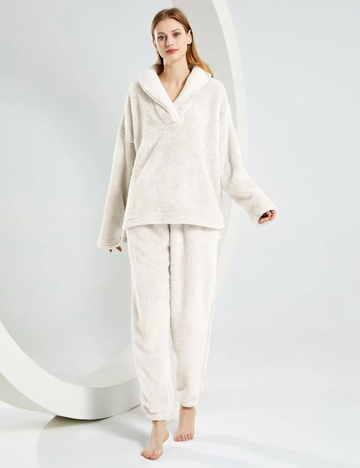 Yimoon Womens Winter Fluffy Pajama Set Fleece Pullover Loose Plush Lounge Sets Sleepwear Fuzzy 2 Piece Pjs Set