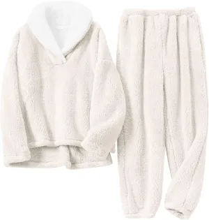 Yimoon Womens Winter Fluffy Pajama Set Fleece Pullover Loose Plush Lounge Sets Sleepwear Fuzzy 2 Piece Pjs Set