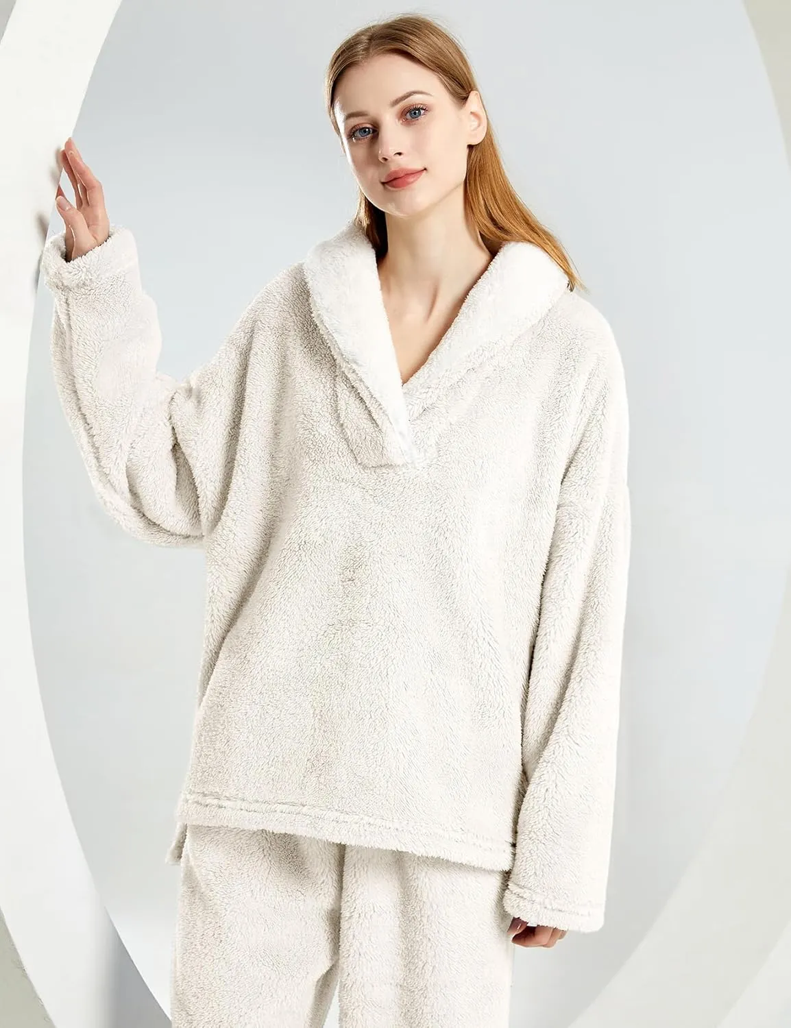 Yimoon Womens Winter Fluffy Pajama Set Fleece Pullover Loose Plush Lounge Sets Sleepwear Fuzzy 2 Piece Pjs Set